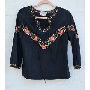 Lily Vintage Blouse Small 34 Black Pink Hand Embroidered Floral Boho Flare 1970s